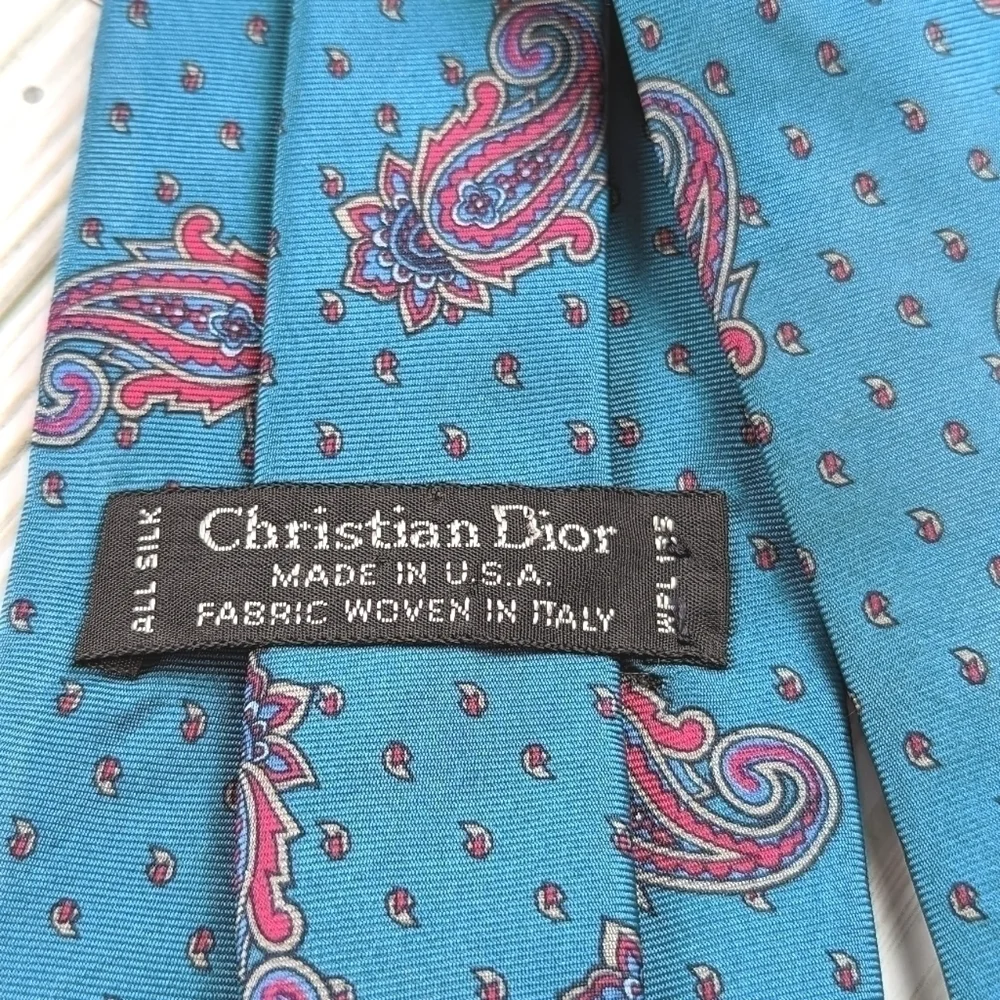 Christian Dior Italian Woven Paisley Vintage Silk Necktie in a Tidal Blue